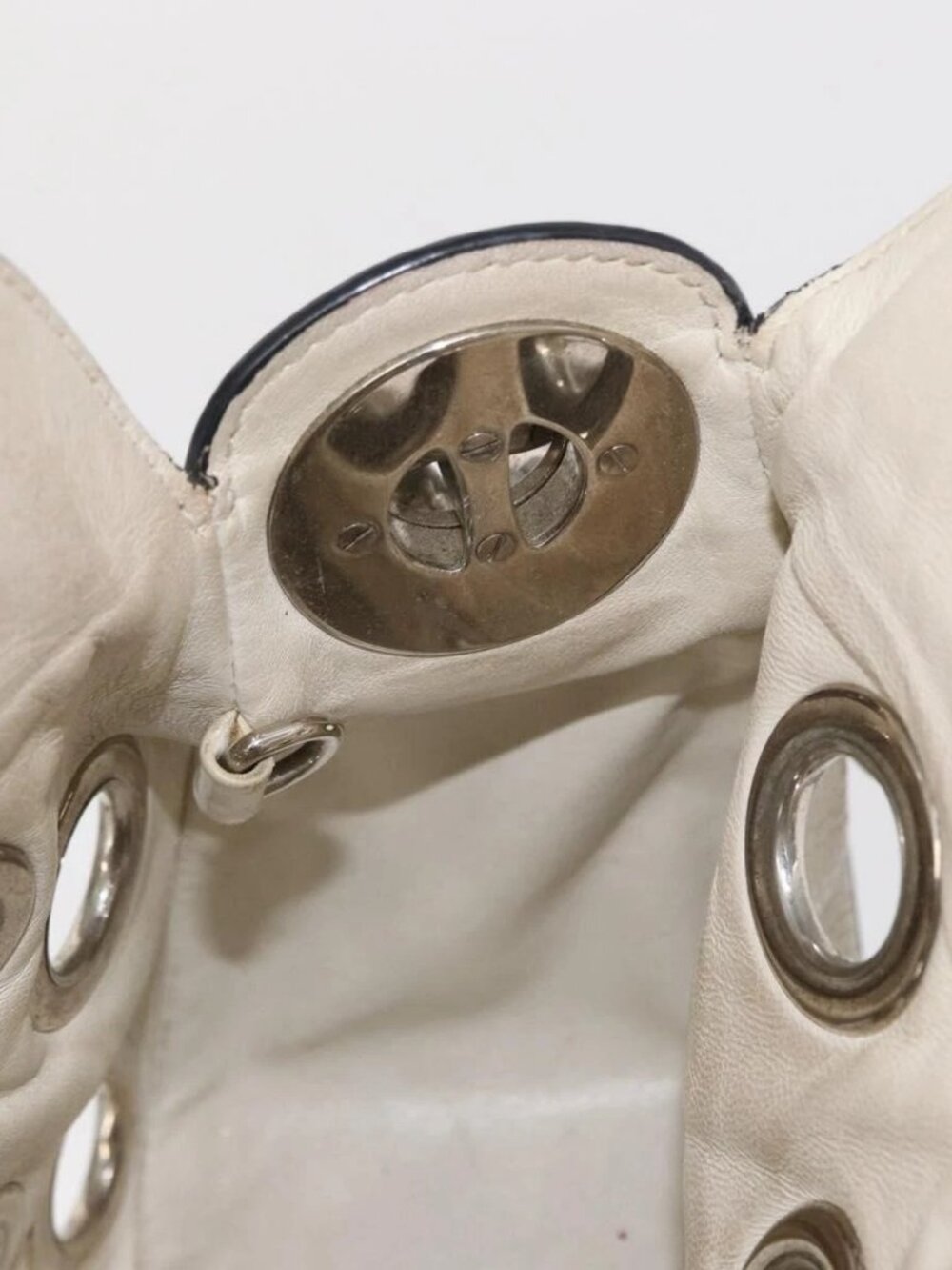 PRADA Grommet Punching Chain Hand Bag Leather Ivory Silver Auth 165205 - Picture 12 of 16